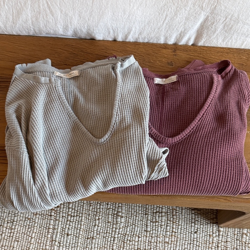 Free People Buttercup thermals Women’s Ribbed V-Neck Sweater - Gray and Mauve